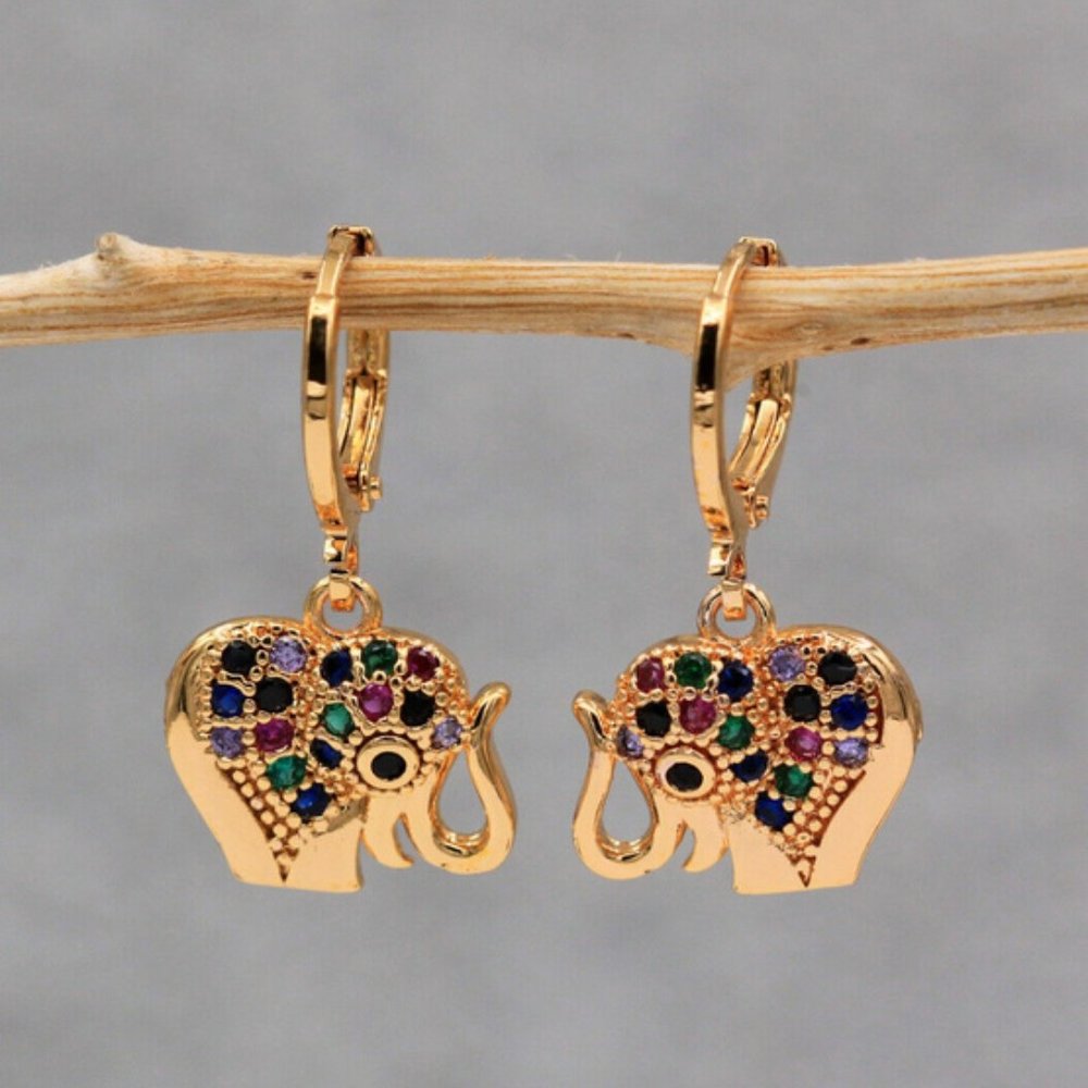 Elephant Gemstone Goldtone Earrings NWOT - Picture 2 of 9